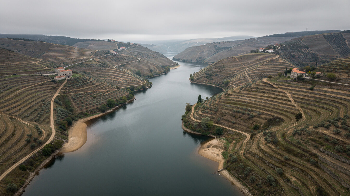 Aerial view of a river valley in northern Portugal with visible sediment near the banks