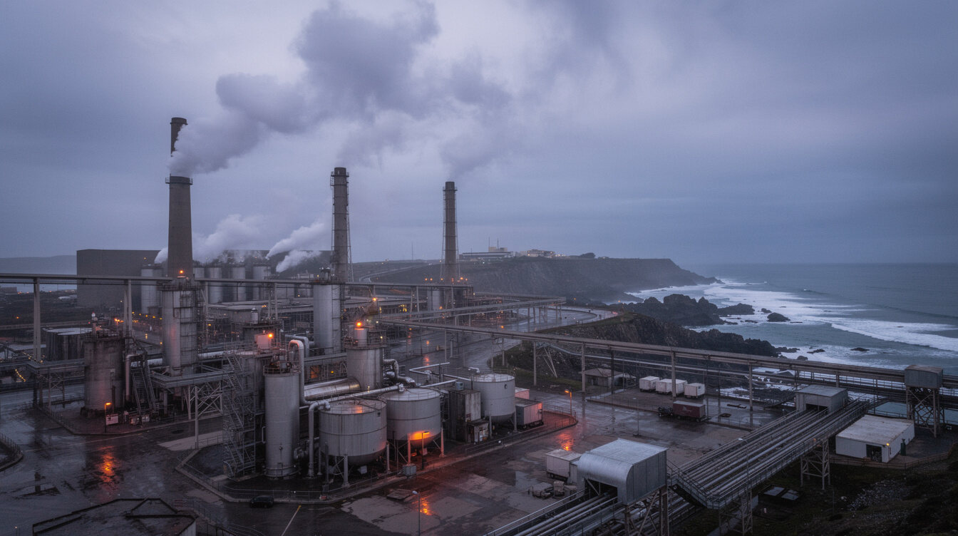 Industrial factory chimneys releasing smoke near a coastline at dusk
