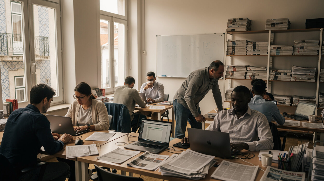 Journalists working at desks in a busy newsroom office