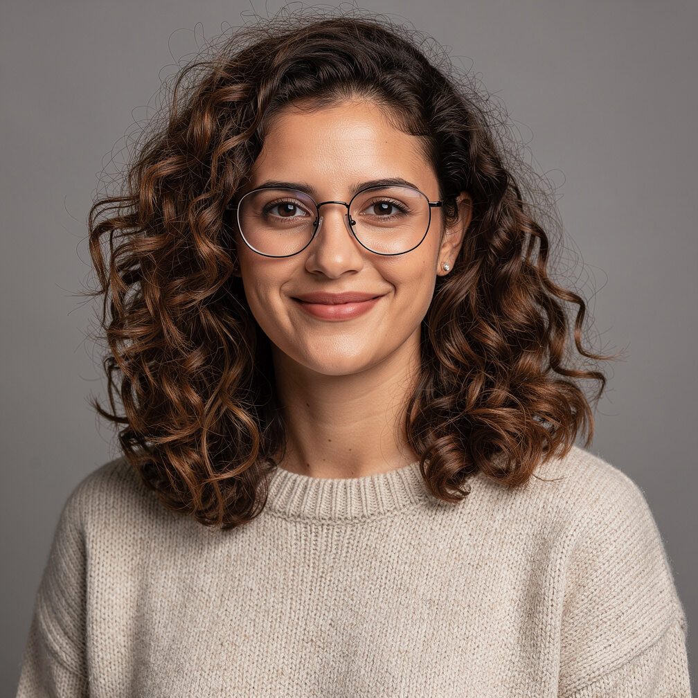 Studio portrait of a young Portuguese woman with curly hair and glasses