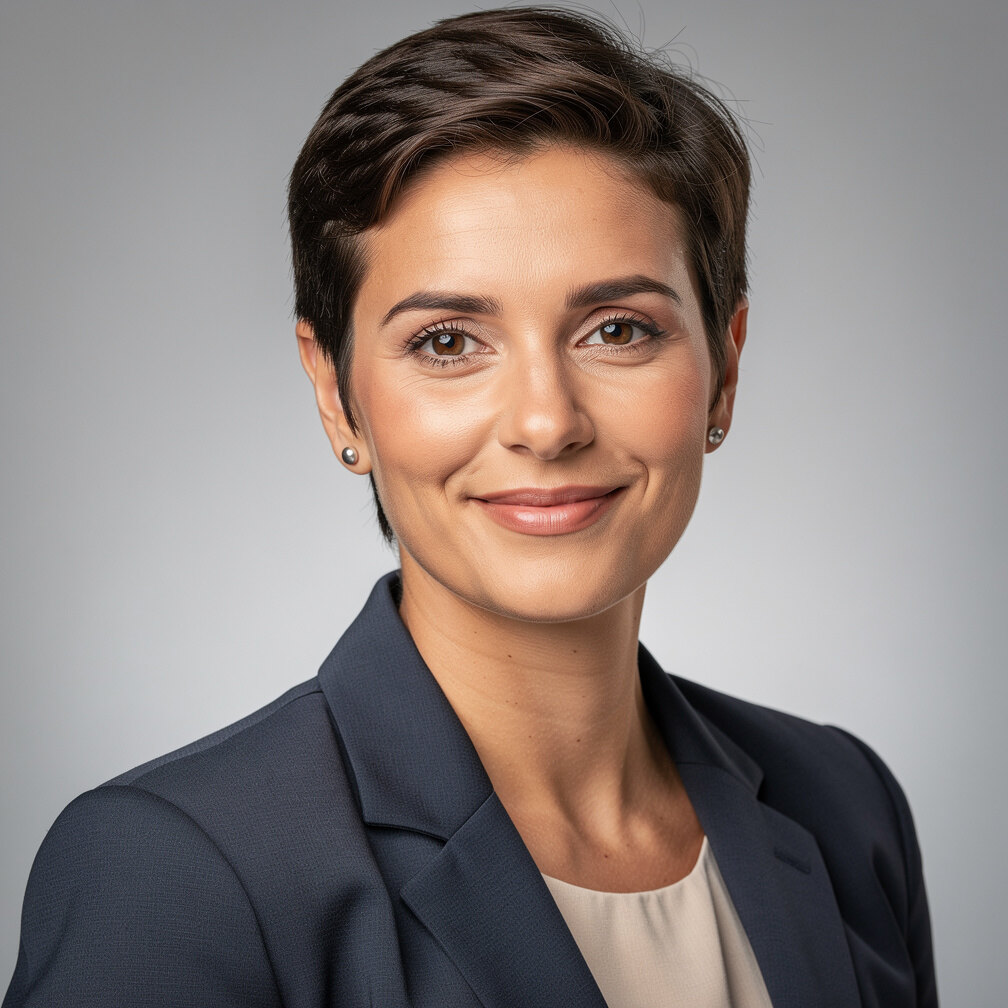 Studio portrait of a Portuguese woman in her thirties with short dark hair