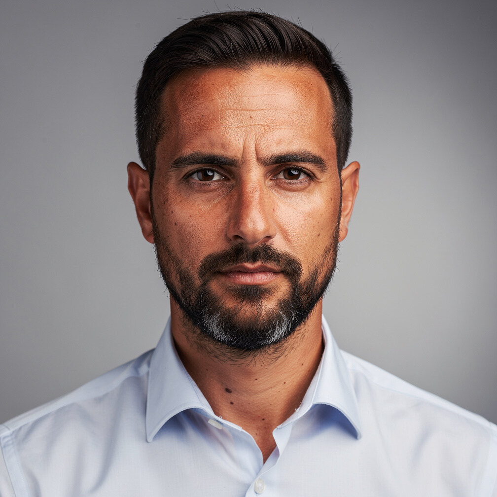 Studio portrait of a Portuguese man in his forties with short beard