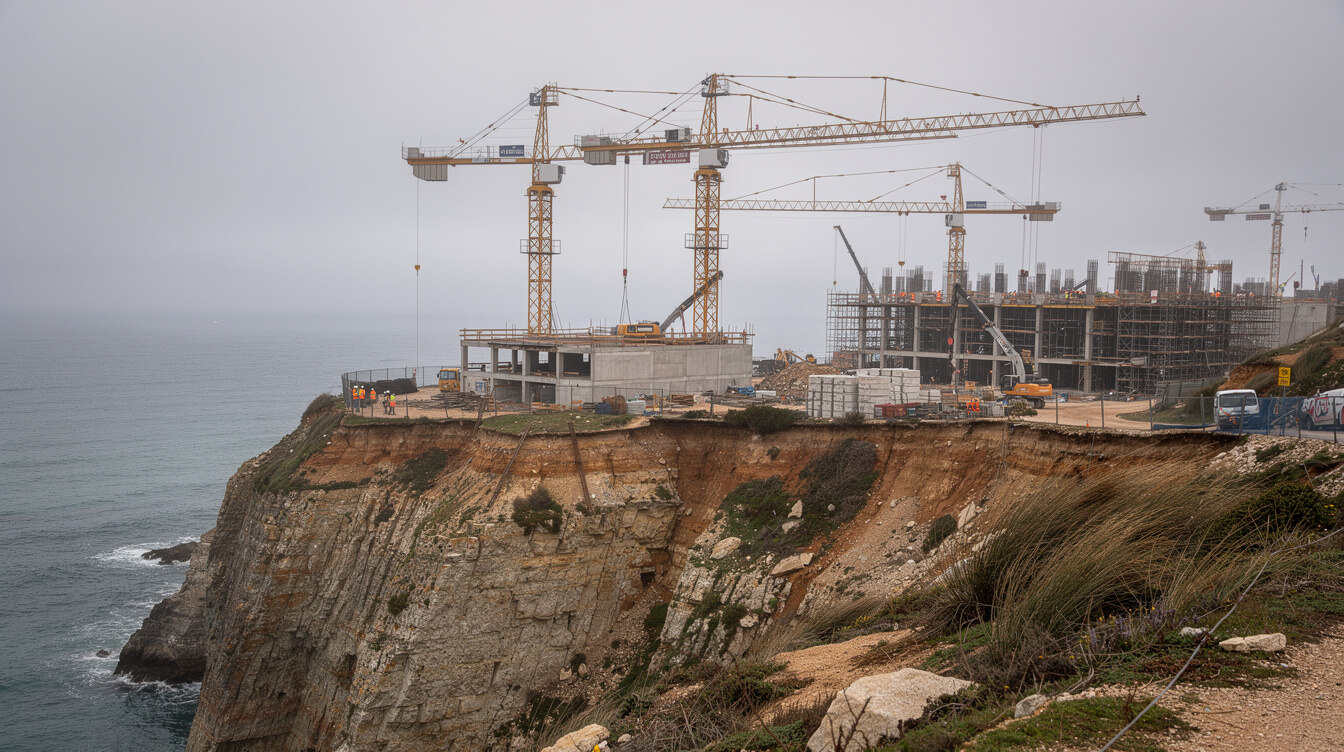 Construction cranes near a protected coastal cliff area